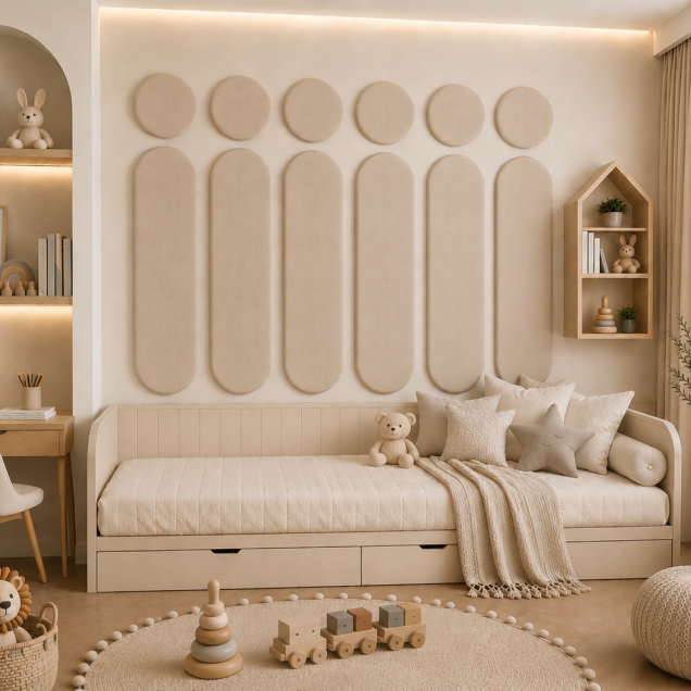 Panouri decorative rotunde negre aranjate pe un perete într-un hol modern