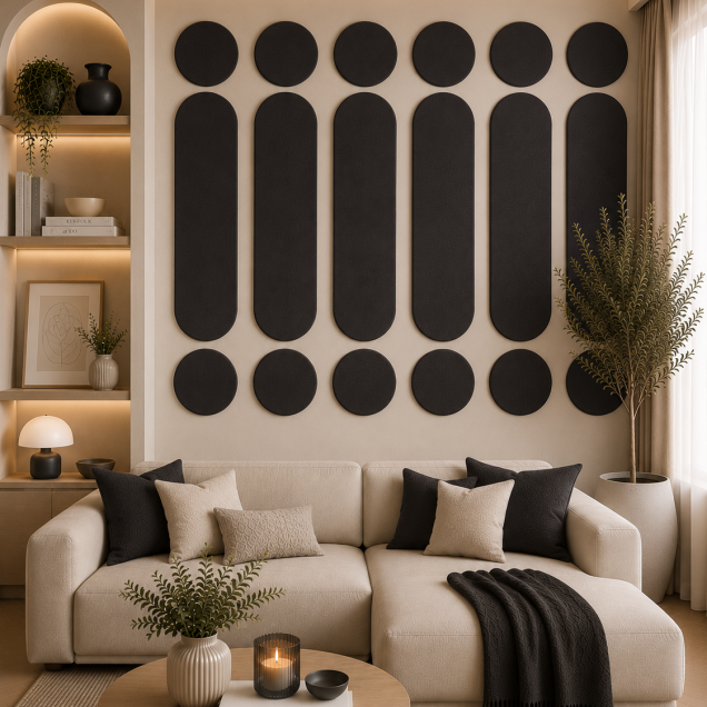 Panouri decorative rotunde negre aranjate pe un perete într-un hol modern