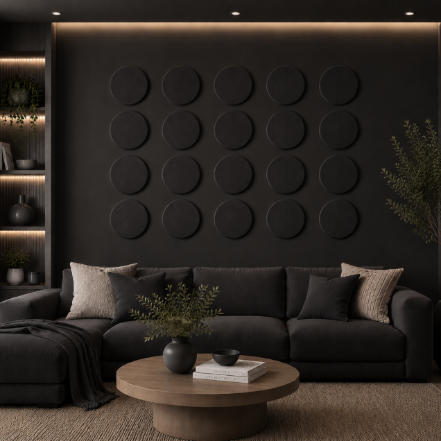 Panouri decorative rotunde negre aranjate pe un perete într-un hol modern