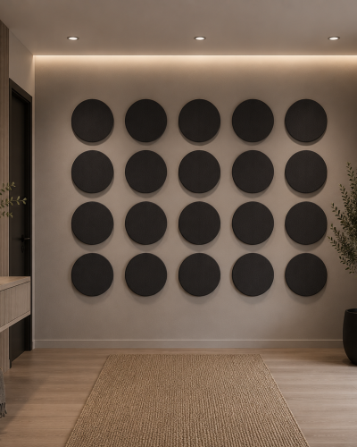 Panouri decorative rotunde negre aranjate pe un perete într-un hol modern