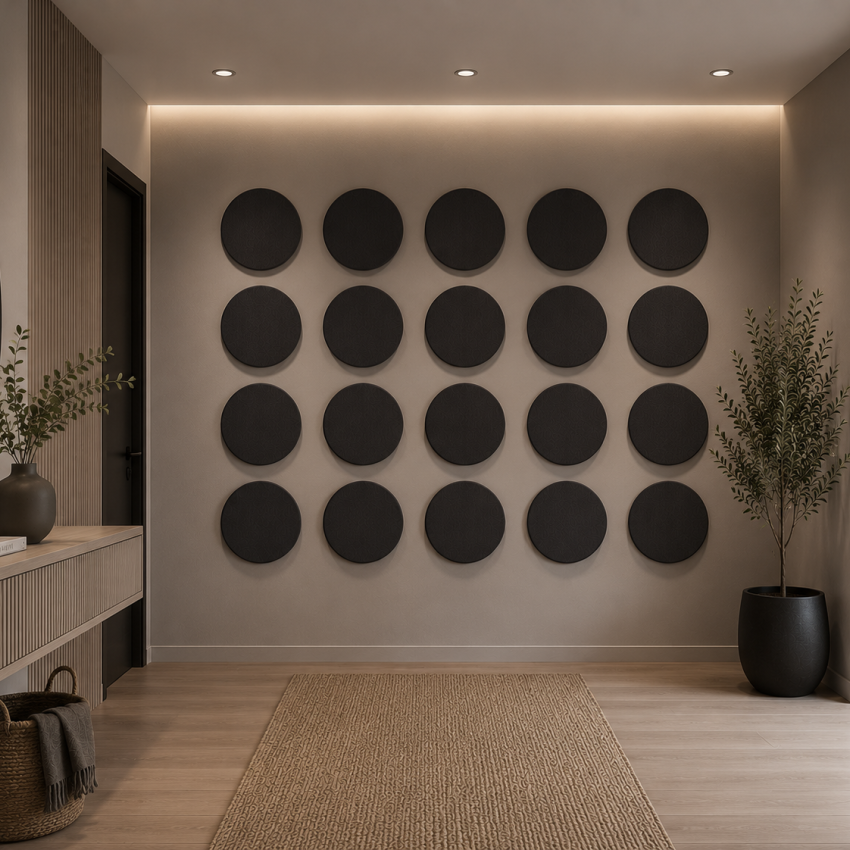 Panouri decorative rotunde negre aranjate pe un perete într-un hol modern