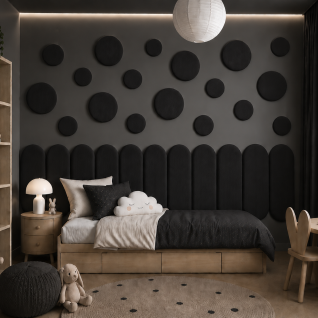 Panouri decorative rotunde negre aranjate pe un perete într-un hol modern