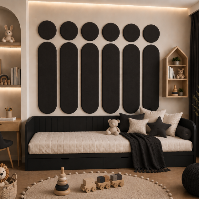 Panouri decorative rotunde negre aranjate pe un perete într-un hol modern