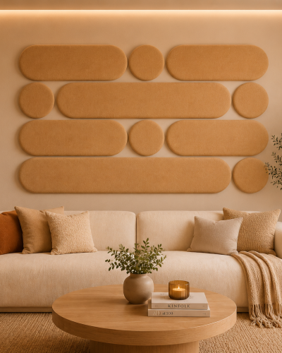 Panouri decorative rotunde negre aranjate pe un perete într-un hol modern