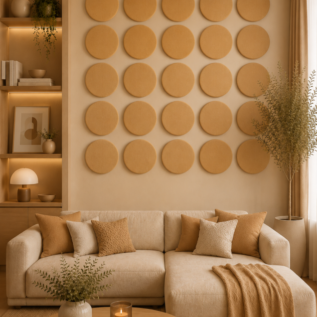 Panouri decorative rotunde negre aranjate pe un perete într-un hol modern