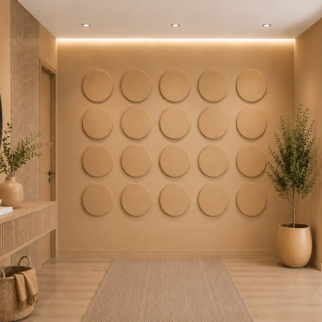 Panouri decorative rotunde negre aranjate pe un perete într-un hol modern