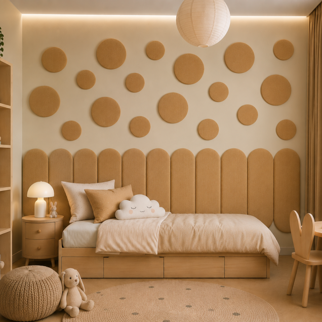 Panouri decorative rotunde negre aranjate pe un perete într-un hol modern