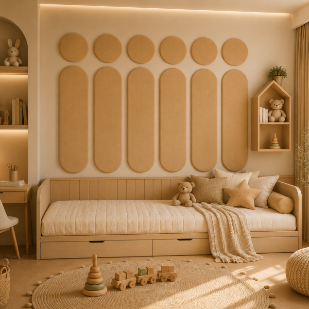 Panouri decorative rotunde negre aranjate pe un perete într-un hol modern