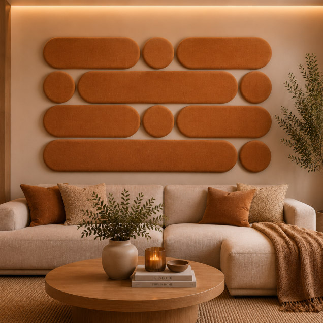 Panouri decorative rotunde negre aranjate pe un perete într-un hol modern