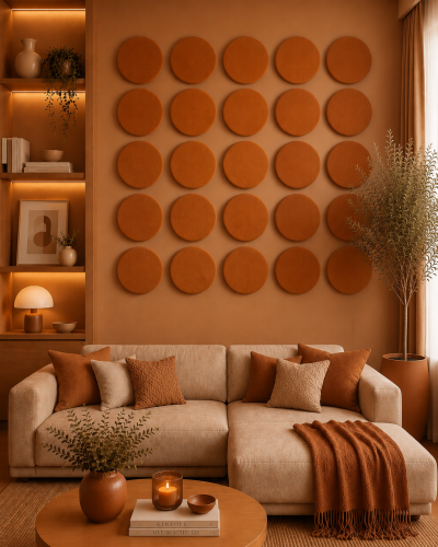 Panouri decorative rotunde negre aranjate pe un perete într-un hol modern