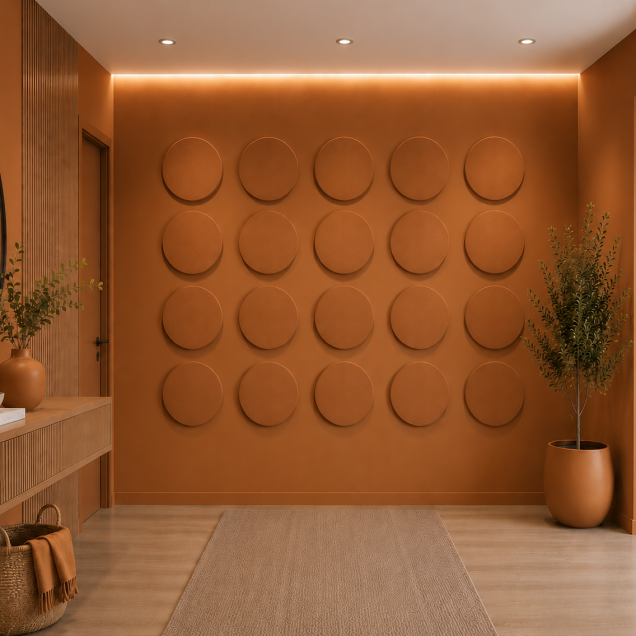 Panouri decorative rotunde negre aranjate pe un perete într-un hol modern
