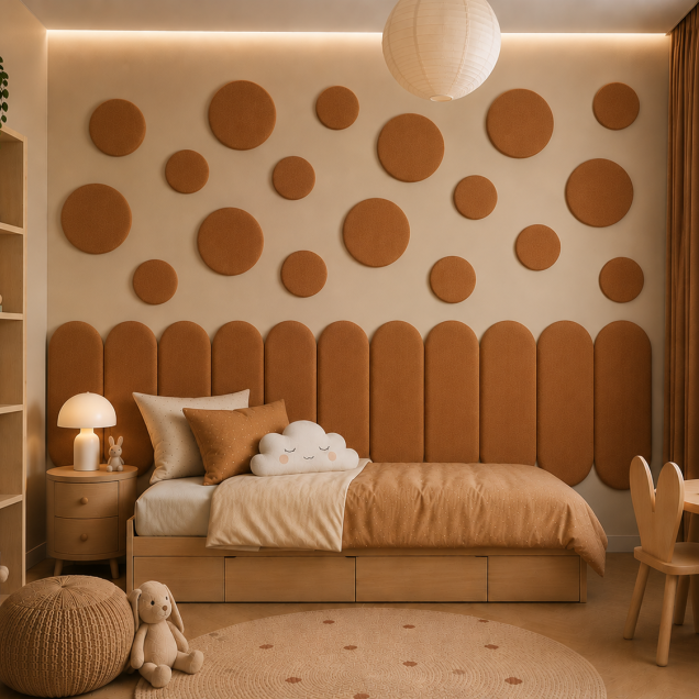 Panouri decorative rotunde negre aranjate pe un perete într-un hol modern