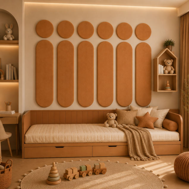 Panouri decorative rotunde negre aranjate pe un perete într-un hol modern