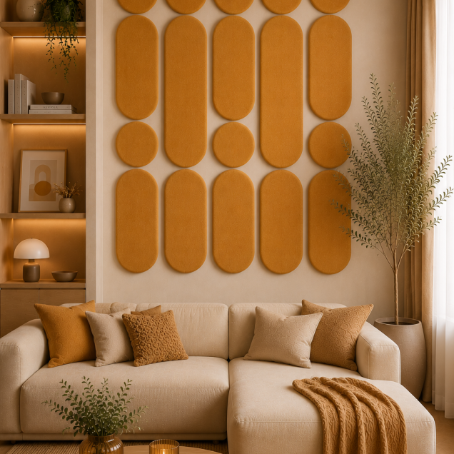 Panouri decorative rotunde negre aranjate pe un perete într-un hol modern