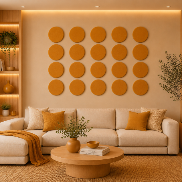 Panouri decorative rotunde negre aranjate pe un perete într-un hol modern