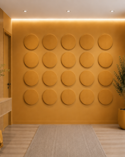 Panouri decorative rotunde negre aranjate pe un perete într-un hol modern