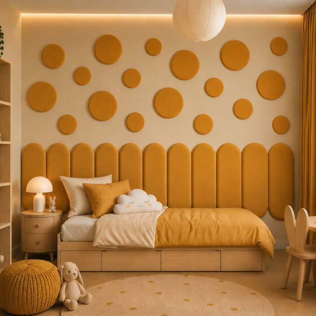 Panouri decorative rotunde negre aranjate pe un perete într-un hol modern