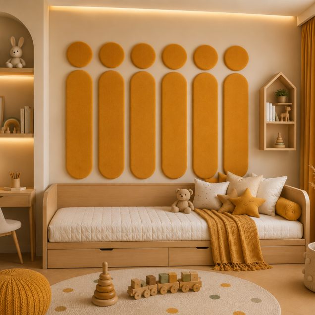 Panouri decorative rotunde negre aranjate pe un perete într-un hol modern