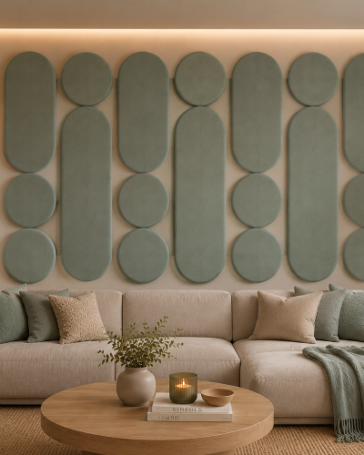 Panouri decorative rotunde negre aranjate pe un perete într-un hol modern