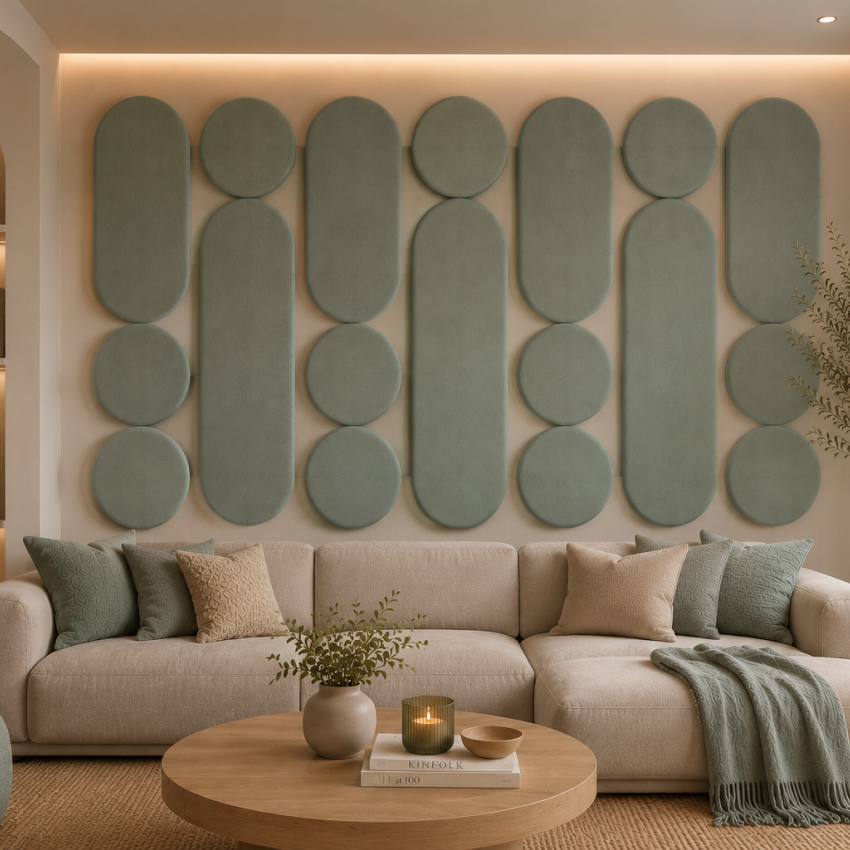 Panouri decorative rotunde negre aranjate pe un perete într-un hol modern
