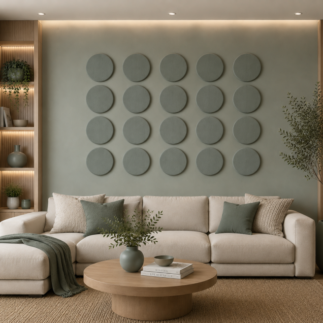 Panouri decorative rotunde negre aranjate pe un perete într-un hol modern