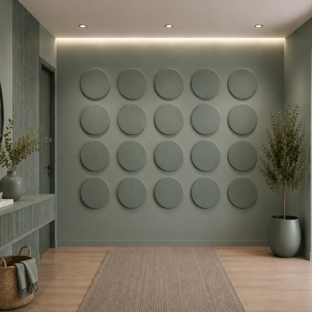 Panouri decorative rotunde negre aranjate pe un perete într-un hol modern