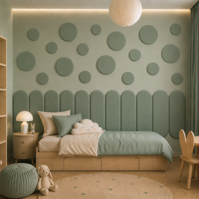 Panouri decorative rotunde negre aranjate pe un perete într-un hol modern