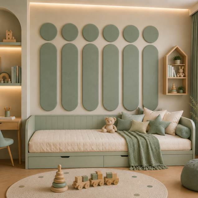 Panouri decorative rotunde negre aranjate pe un perete într-un hol modern