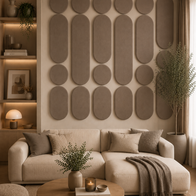 Panouri decorative rotunde negre aranjate pe un perete într-un hol modern