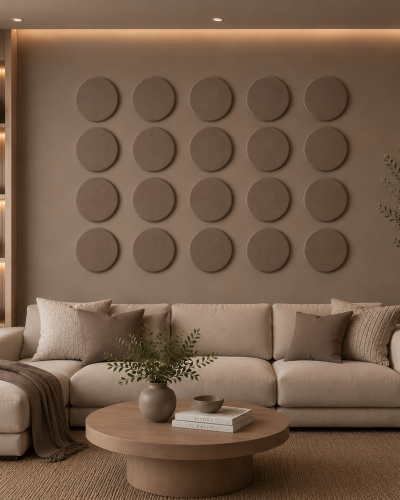 Panouri decorative rotunde negre aranjate pe un perete într-un hol modern