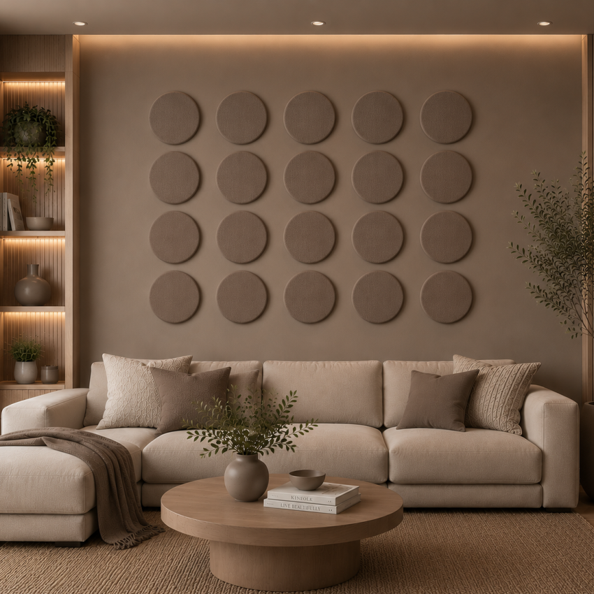 Panouri decorative rotunde negre aranjate pe un perete într-un hol modern