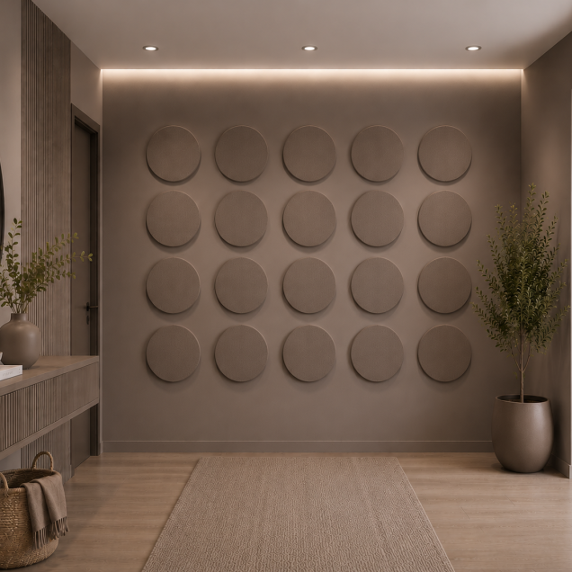 Panouri decorative rotunde negre aranjate pe un perete într-un hol modern