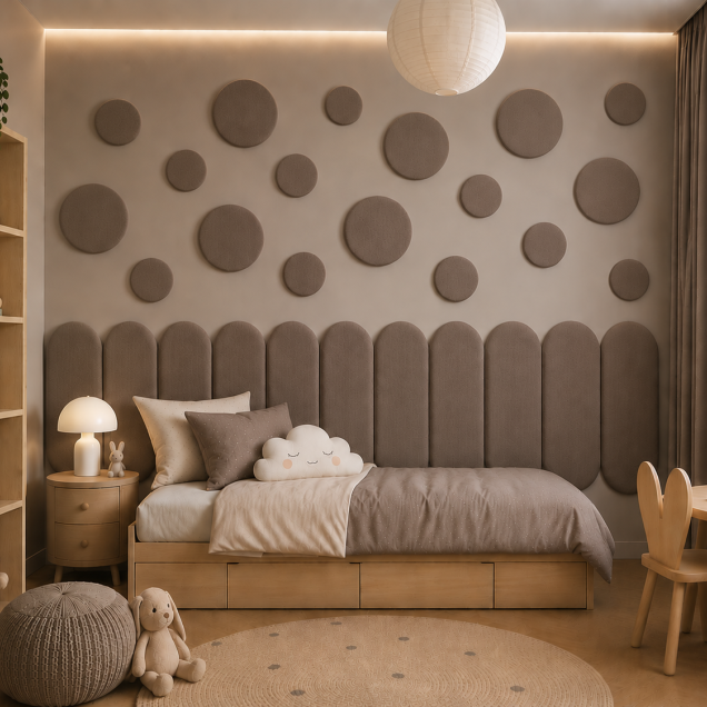 Panouri decorative rotunde negre aranjate pe un perete într-un hol modern