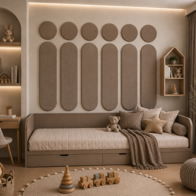 Panouri decorative rotunde negre aranjate pe un perete într-un hol modern