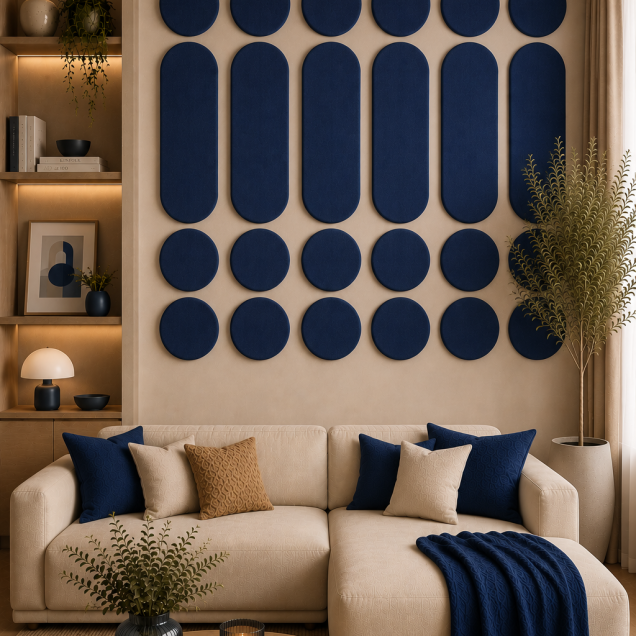 Panouri decorative rotunde negre aranjate pe un perete într-un hol modern