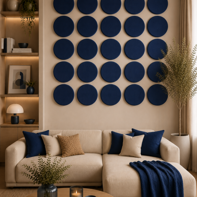 Panouri decorative rotunde negre aranjate pe un perete într-un hol modern