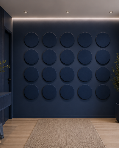 Panouri decorative rotunde negre aranjate pe un perete într-un hol modern