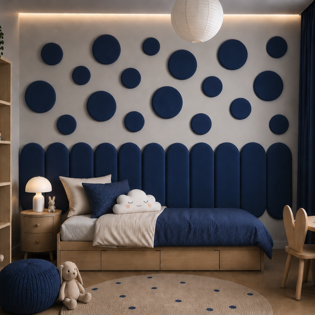 Panouri decorative rotunde negre aranjate pe un perete într-un hol modern