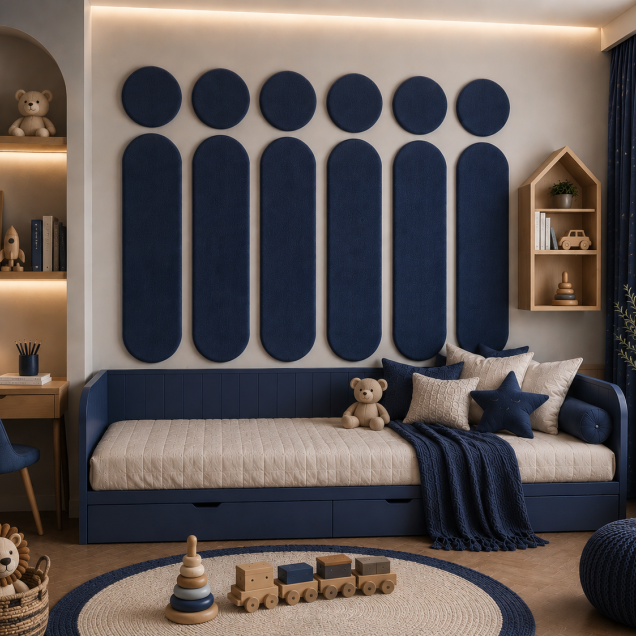 Panouri decorative rotunde negre aranjate pe un perete într-un hol modern