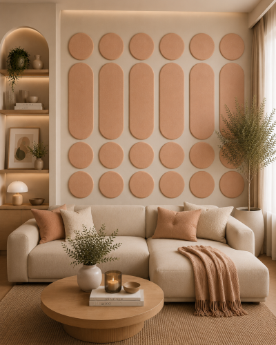 Panouri decorative rotunde negre aranjate pe un perete într-un hol modern