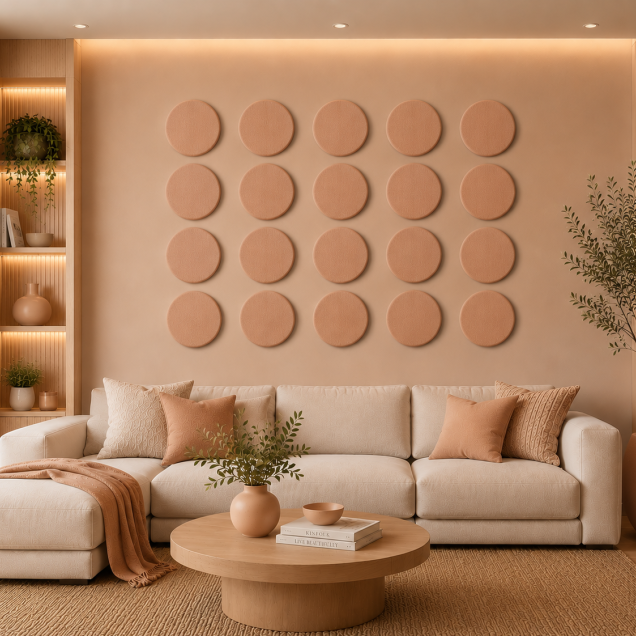 Panouri decorative rotunde negre aranjate pe un perete într-un hol modern