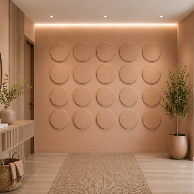 Panouri decorative rotunde negre aranjate pe un perete într-un hol modern