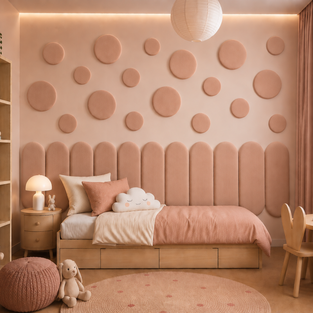Panouri decorative rotunde negre aranjate pe un perete într-un hol modern