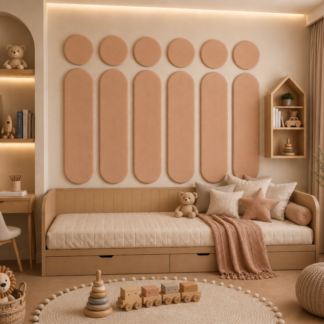 Panouri decorative rotunde negre aranjate pe un perete într-un hol modern