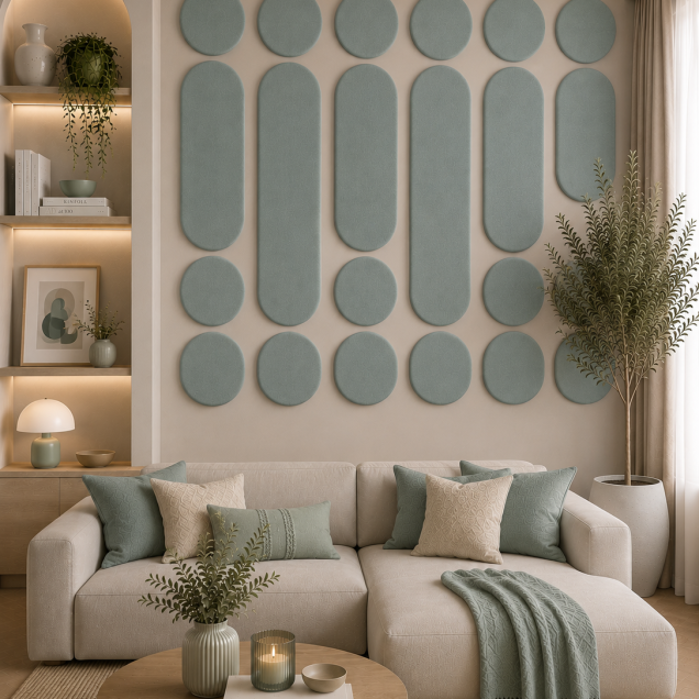 Panouri decorative rotunde negre aranjate pe un perete într-un hol modern