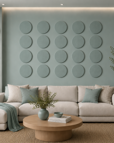 Panouri decorative rotunde negre aranjate pe un perete într-un hol modern