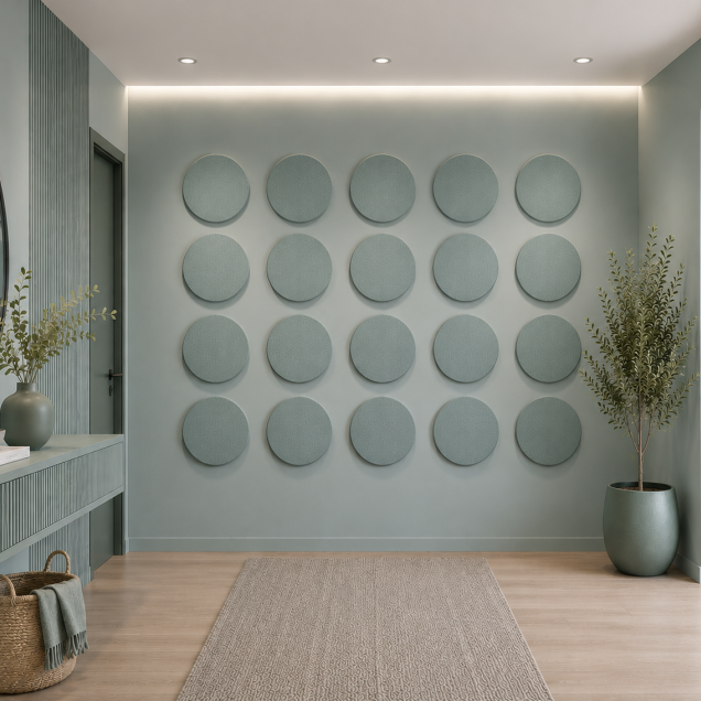 Panouri decorative rotunde negre aranjate pe un perete într-un hol modern