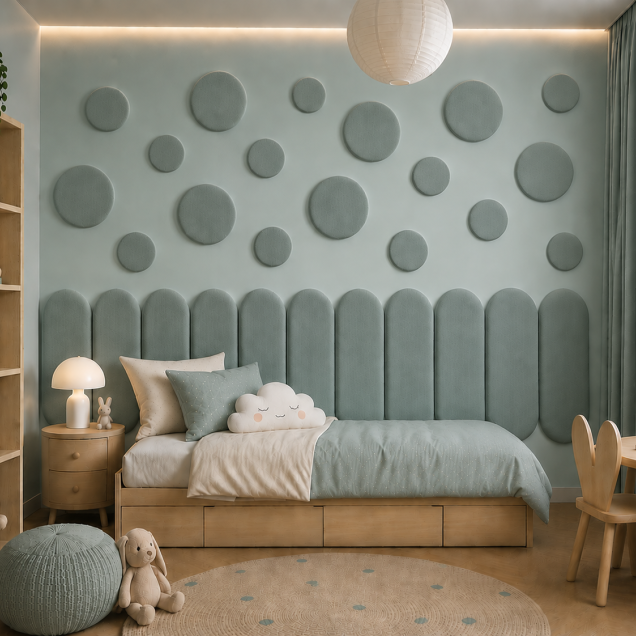 Panouri decorative rotunde negre aranjate pe un perete într-un hol modern