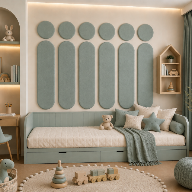 Panouri decorative rotunde negre aranjate pe un perete într-un hol modern
