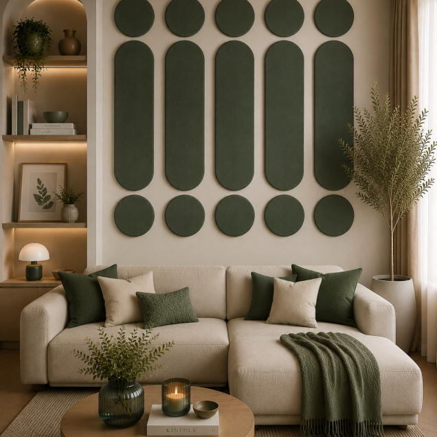 Panouri decorative rotunde negre aranjate pe un perete într-un hol modern